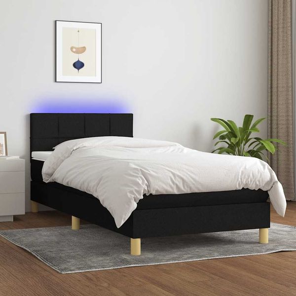 vidaXL Posteľ boxsping s matracom a LED čierna 90x200 cm látka