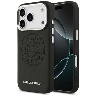 Obal Karl Lagerfeld Magsafe PU s logom Karl okrúhly bodkový, kovovými tlačidlami fotoaparátu a logom pre iPhone 17 Pro čierny
