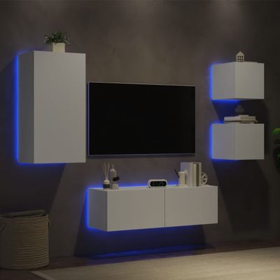 vidaXL 4-dielne TV nástenné skrinky s LED svetlami biele