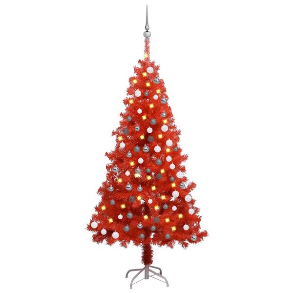 vidaXL Osvetlený umelý vianočný stromček s guľami, červený 120 cm, PVC