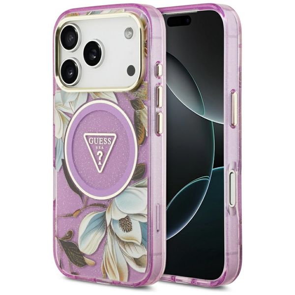 Puzdro Guess Magsafe IML Case Glitter Flowers And Triangle s kovovým rámom fotoaparátu a tlačidlami pre iPhone 17 Pro Max fialové