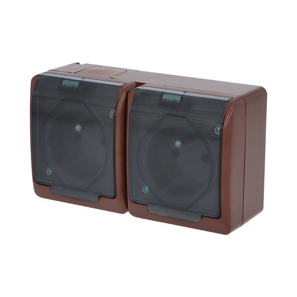 GALATEA IP44 Zásuvka 2x 2P+PE, 2-násobná vodorovná (hneda / průhledné víčko)