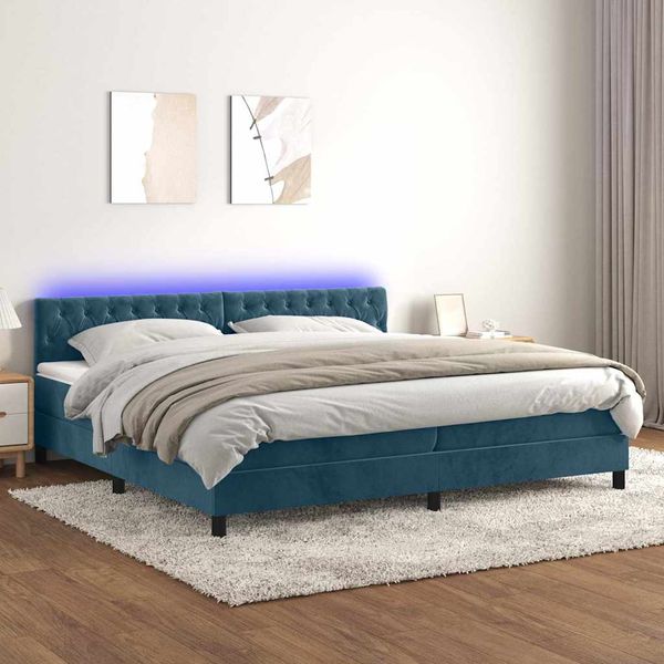 vidaXL Posteľný rám boxsping matrac a LED tmavomodrý 200x200 cm zamat