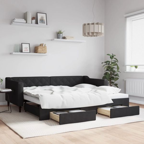 vidaXL Rozkladacia denná posteľ so zásuvkami čierna 90x200 cm látka