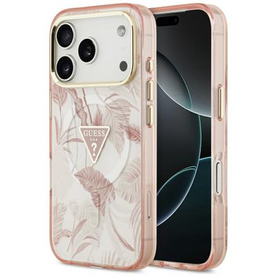 Puzdro Guess Magsafe Pc TPU Jungle Tonal Pattern s potlačeným logom, trojuholníkom a kovovým rámčekom fotoaparátu pre iPhone 17 Pro ružové