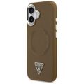 Puzdro Guess Case Magsafe PU Leather s trojuholníkovým logom a strieborným kovovým rámom fotoaparátu pre iPhone 17 hnedá