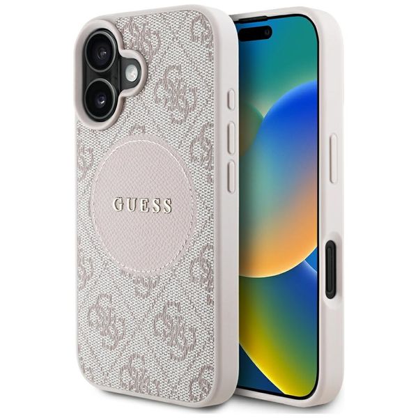 Obal Guess HC MagSafe PU 4G Circle s klasickým logom pre iPhone 16 ružový