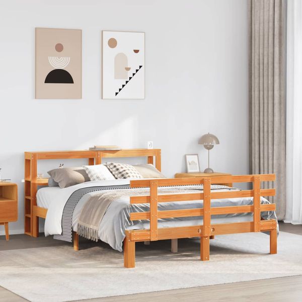 vidaXL Posteľný rám s čelom voskový hnedý 135x190 cm borovicový masív