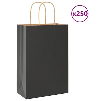vidaXL Papierové tašky 250 ks s rúčkami, čierna, 21x11x31 cm
