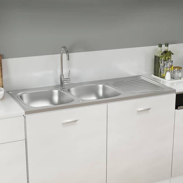 vidaXL Kuchynský drez, 2 vaničky, strieborný 1200x600x155 mm, oceľ