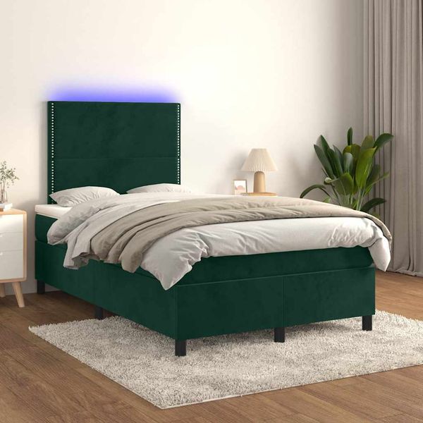 vidaXL Posteľný rám boxsping matrac a LED tmavozelený 120x200 cm zamat