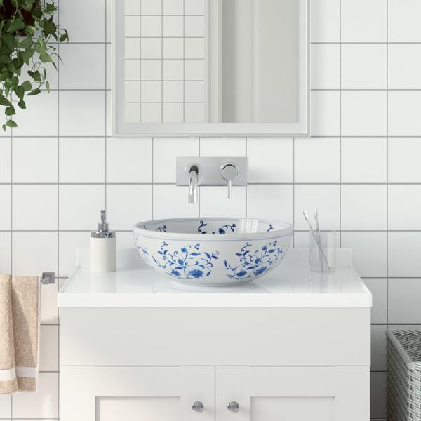 vidaXL Umývadlo na dosku bielo-modré okrúhle Φ41x14 cm keramické
