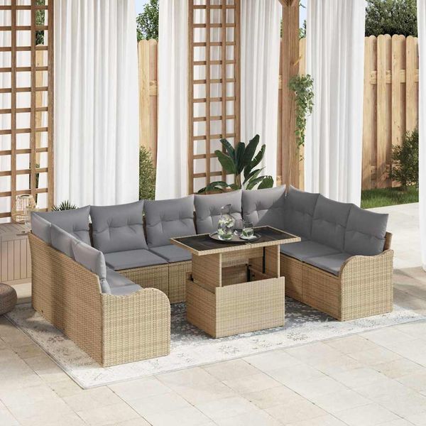 vidaXL Súprava záhradných pohoviek s vankúšom 10 pcs Béžová Poly ratan