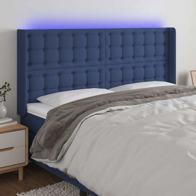 vidaXL Čelo postele s LED modré 163x16x118/128 cm látka