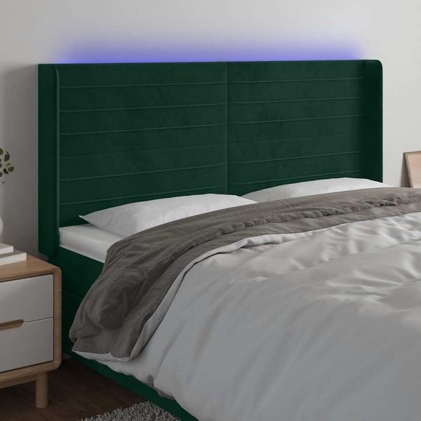vidaXL Čelo postele s LED tmavozelené 203x16x118/128 cm zamat