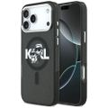 Puzdro Karl Lagerfeld Magsafe IML trblietavé s kovovým rámom fotoaparátu a tlačidlami s motívom Karl a Choupette pre iPhone 17 Pro Max čierne