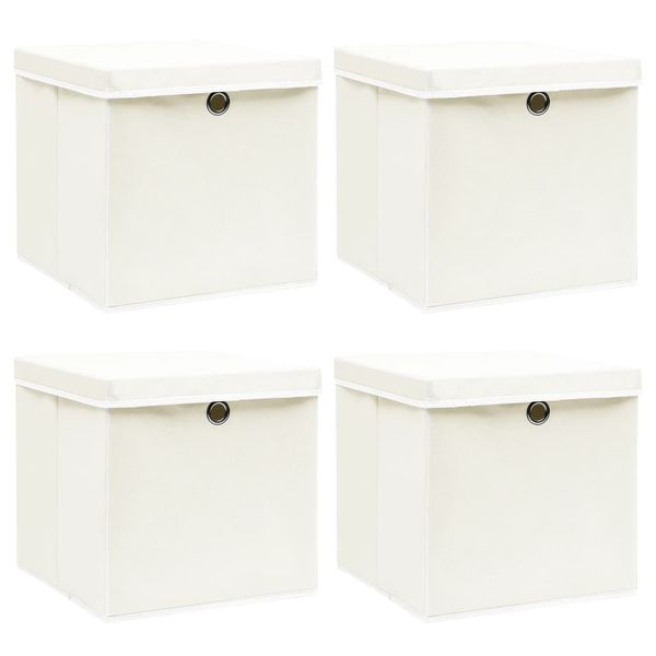 vidaXL Úložné boxy s vekom 4 ks, biele 32x32x32 cm, látka