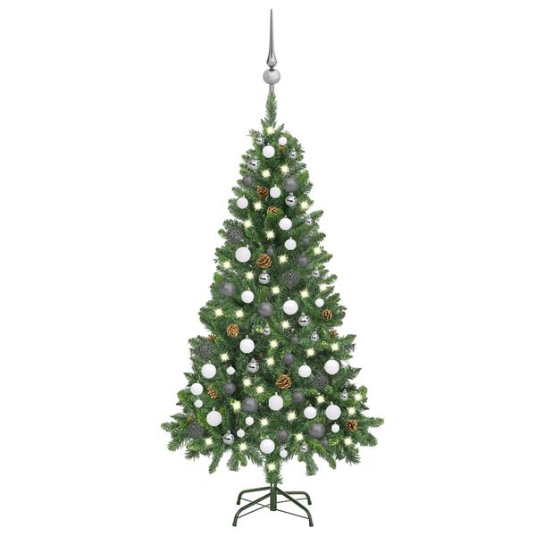 vidaXL Osvetlený umelý vianočný stromček s guľami a šiškami 150 cm