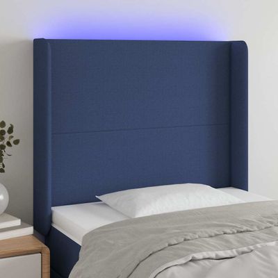 vidaXL Čelo postele s LED modré 93x16x118/128 cm látka