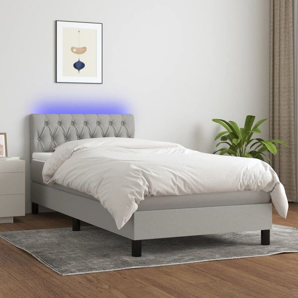 vidaXL Posteľ boxsping s matracom a LED bledosivá 90x190 cm látka