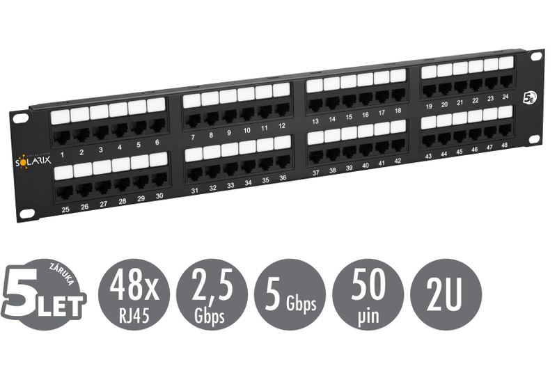 19'' patch panel Solarix 48 x RJ45 CAT5E UTP 150 MHz čierny 2U SX48-5E-UTP-BK