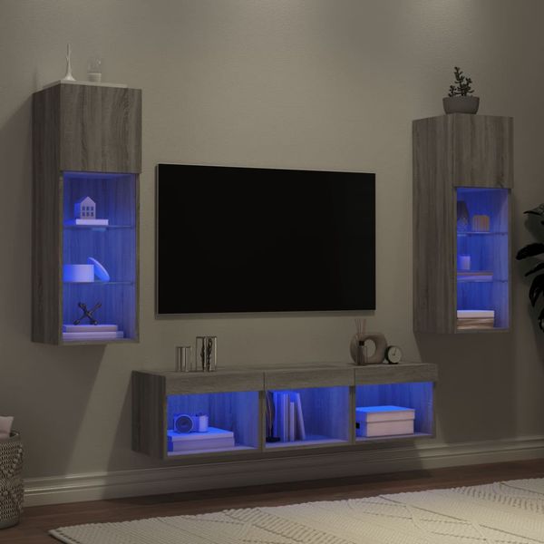 vidaXL 5-dielne TV nástenné skrinky s LED sivé sonoma kompozitné drevo