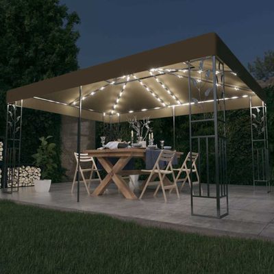 vidaXL Altánok s dvojitou strieškou a LED reťazou 3x4 m, sivohnedý