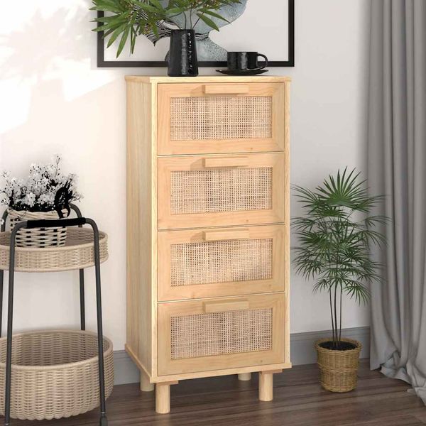 vidaXL Komoda hnedá 40x30x90 cm masívna borovica a prírodný ratan