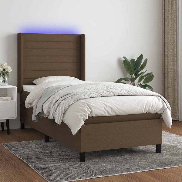 vidaXL Posteľ boxsping s matracom a LED tmavohnedá 90x200 cm látka
