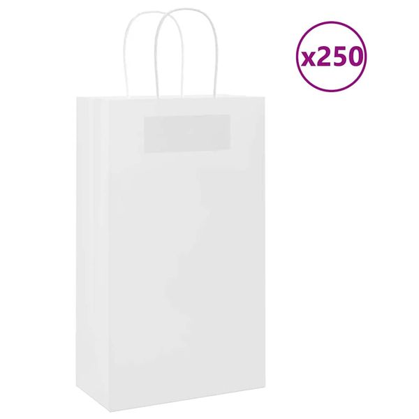 vidaXL Papierové tašky 250 ks s rúčkami, biele, 21x11x36 cm