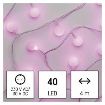 LED svetelný cherry reťazec – guličky 2,5 cm, 4 m, vonkajší aj vnútorný, ružová, časovač