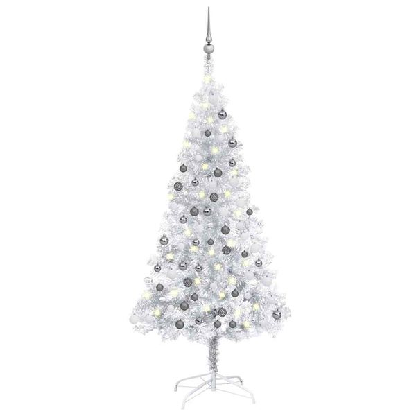 vidaXL Osvetlený umelý vianočný stromček s guľami strieborný 150cm PET