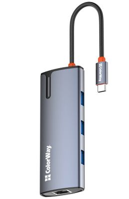COLORWAY 6v1 USB hub/ 1x USB-C/ 1x HDMI/ 3x USB-A/ 1x RJ45 Dokovací stanice, USB-C, 1× HDMI, 3× USB 3.0, USB-C PD 100W, 1× RJ45, šedá