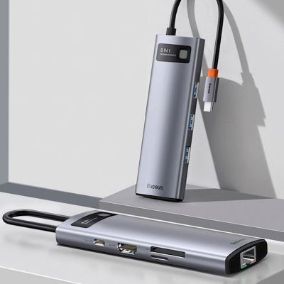 USB hub Baseus typ C multi adaptér - HDMI/USB 3.0x3/USB typ C PD/RJ45/SDreader, kovový šedý