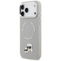 Puzdro Karl Lagerfeld Magsafe PU s hlavičkami Karl&Choupette, logom a kovovými tlačidlami fotoaparátu pre iPhone 17 Pro Max sivé