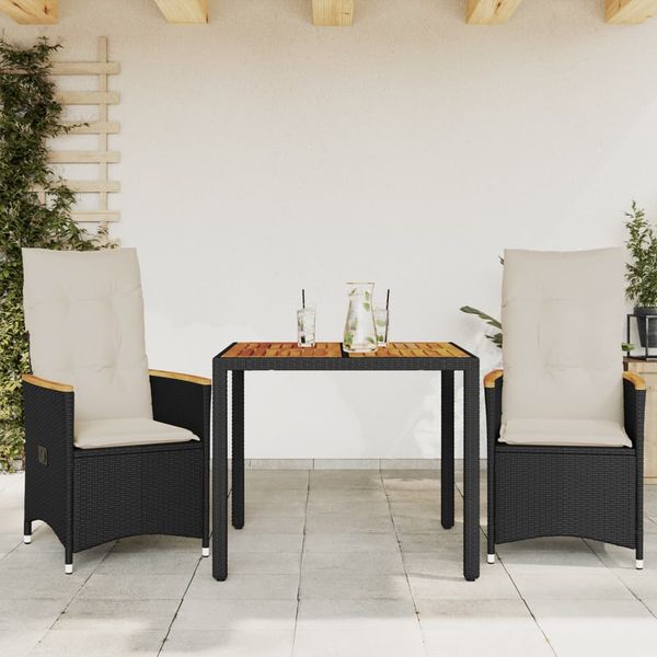 vidaXL 3-dielna bistro súprava s vankúšmi čierna polyratanová