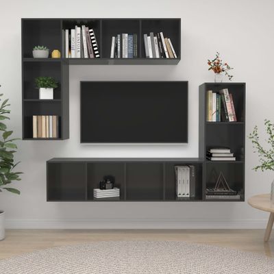 vidaXL 4-dielna súprava TV skriniek, lesklá sivá, kompozitné drevo