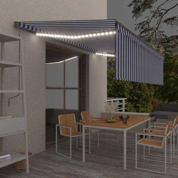 vidaXL Ručne zaťahovacia markíza s tienidlom a LED 5x3 m modro-biela
