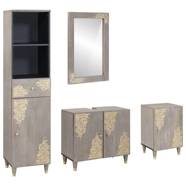 vidaXL Set kabinetov do kúpeľne 4 pcs Sivá Masívne mango drevo
