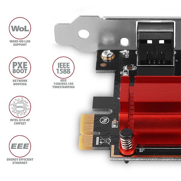 AXAGON PCEE-GIX, PCIe sieťová karta - 1x Gigabit Ethernet port (RJ-45), Intel i210AT, PXE, vrát. LP