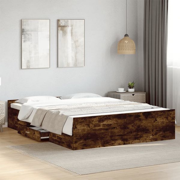 vidaXL Posteľný rám so zásuvkami dymový dub 150x200cm kompozitné drevo