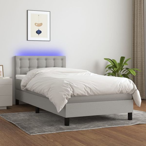 vidaXL Posteľ boxsping s matracom a LED bledosivá 90x200 cm látka