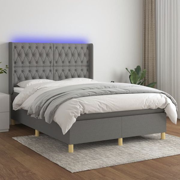 vidaXL Posteľ boxsping s matracom a LED tmavosivá 140x200 cm látka