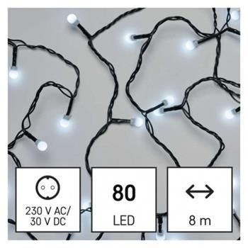 LED vianočný cherry reťaz – gule, 8 m, vonkajší aj vnútorný, studená biela, programy