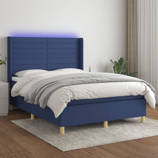 vidaXL Posteľ boxsping s matracom a LED modrá 140x200 cm látka