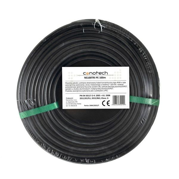 Koaxiálny kábel CONO-TECH RG6 NS100TRI 1mm CU, Trishield, PE, 6,8 mm, 100m čierny