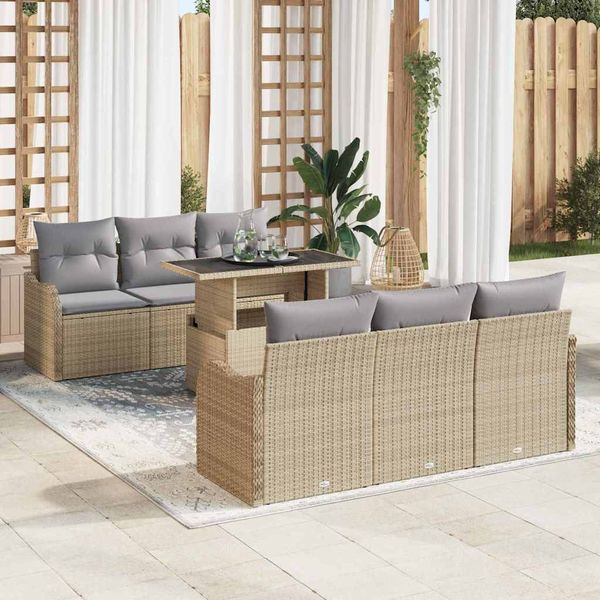 vidaXL Súprava záhradných pohoviek s vankúšom 7 pcs Béžová Poly ratan