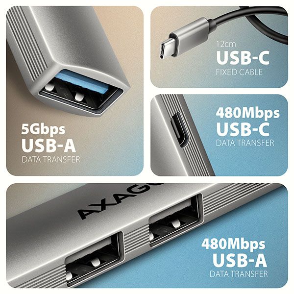 AXAGON HUE-STC, 4x USB ALU STRIP hub, 1x USB-A 5Gbps, 2x USB-A & 1x USB-C 480Mbps, kabel USB-C 12cm USB-C hub, 4 porty, 1× USB-A 5Gbps, 2× USB-A 480Mbps, 1× USB-C 480Mbps, hliník, 12cm kabel