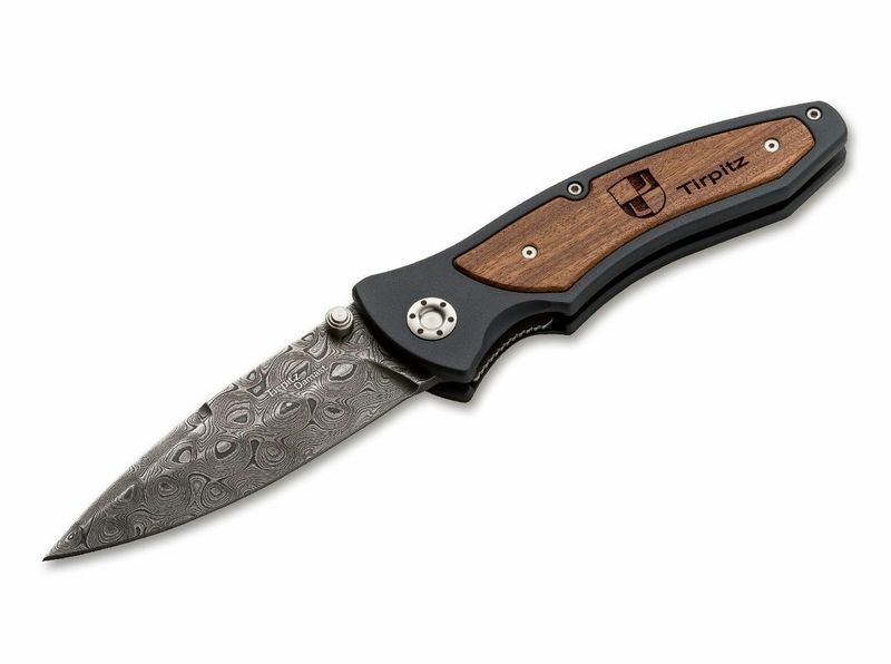 Böker Manufaktur Solingen 110190DAM Tirpitz-Damascus vreckový nôž 9,9 cm, damašek, hliník, orech