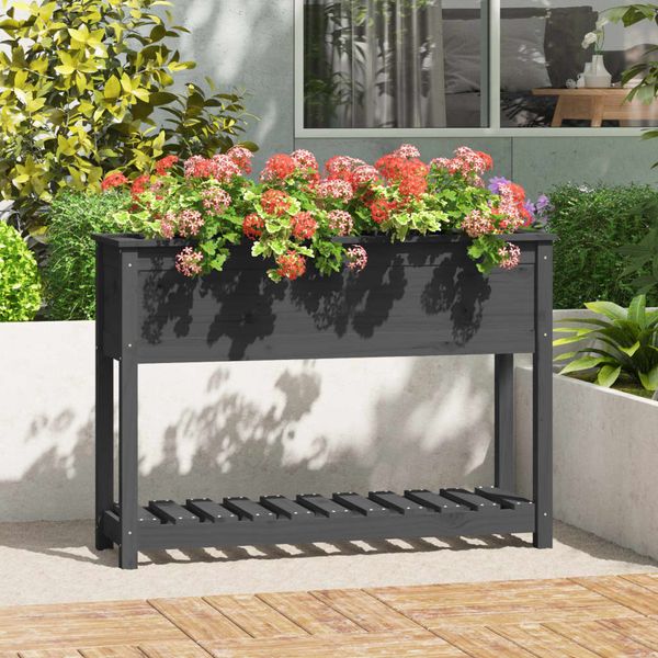 vidaXL Kvetináč s policou sivý 111,5x34,5x81 cm masívna borovica